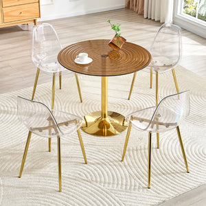 English Elm Table and Chair Set Round Brown Glass Top with Gold Pillar Base and Clear Plastic Seats W1151S04876