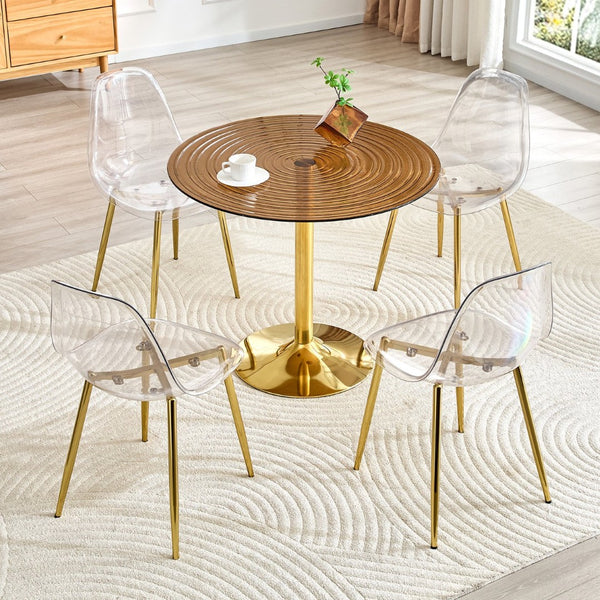 English Elm Table and Chair Set Round Brown Glass Top with Gold Pillar Base and Clear Plastic Seats W1151S04876