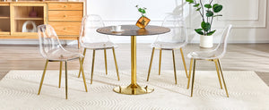 English Elm Table and Chair Set Round Brown Glass Top with Gold Pillar Base and Clear Plastic Seats W1151S04876