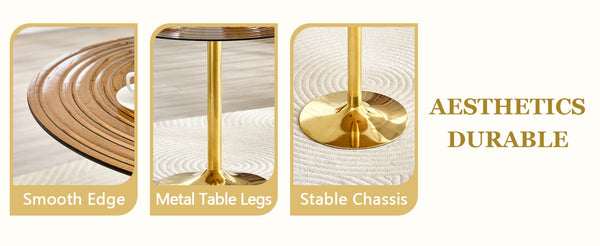 English Elm Table and Chair Set Round Brown Glass Top with Gold Pillar Base and Clear Plastic Seats W1151S04876