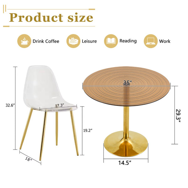 English Elm Table and Chair Set Round Brown Glass Top with Gold Pillar Base and Clear Plastic Seats W1151S04876