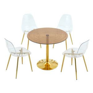 English Elm Table and Chair Set Round Brown Glass Top with Gold Pillar Base and Clear Plastic Seats W1151S04876