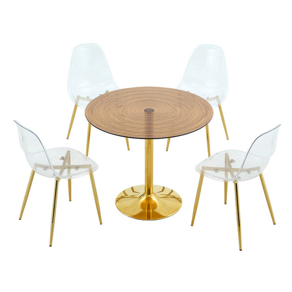 English Elm Table and Chair Set Round Brown Glass Top with Gold Pillar Base and Clear Plastic Seats W1151S04876