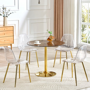 English Elm Table and Chair Set Round Brown Glass Top with Gold Pillar Base and Clear Plastic Seats W1151S04876