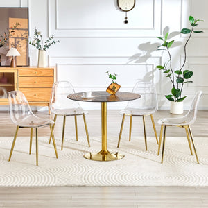 English Elm Table and Chair Set Round Brown Glass Top with Gold Pillar Base and Clear Plastic Seats W1151S04876