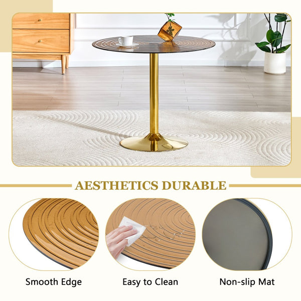 English Elm Table and Chair Set Round Brown Glass Top with Gold Pillar Base and Clear Plastic Seats W1151S04876