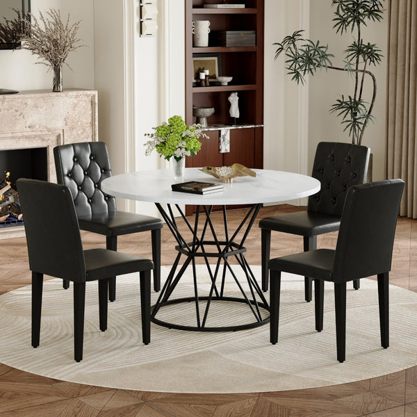 English Elm Table and Chair Set Round Marble Mdf Top with Four Pu Leather Seats Modern Dining White Black - A W1151S04877