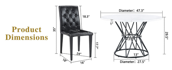 English Elm Table and Chair Set Round Marble Mdf Top with Four Pu Leather Seats Modern Dining White Black - A W1151S04877