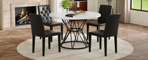 English Elm Table and Chair Set Round Marble Mdf Top with Four Pu Leather Seats Modern Dining White Black - A W1151S04877