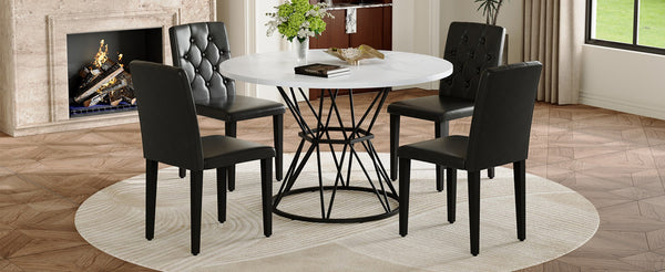 English Elm Table and Chair Set Round Marble Mdf Top with Four Pu Leather Seats Modern Dining White Black - A W1151S04877