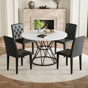 English Elm Table and Chair Set Round Marble Mdf Top with Four Pu Leather Seats Modern Dining White Black - A W1151S04877