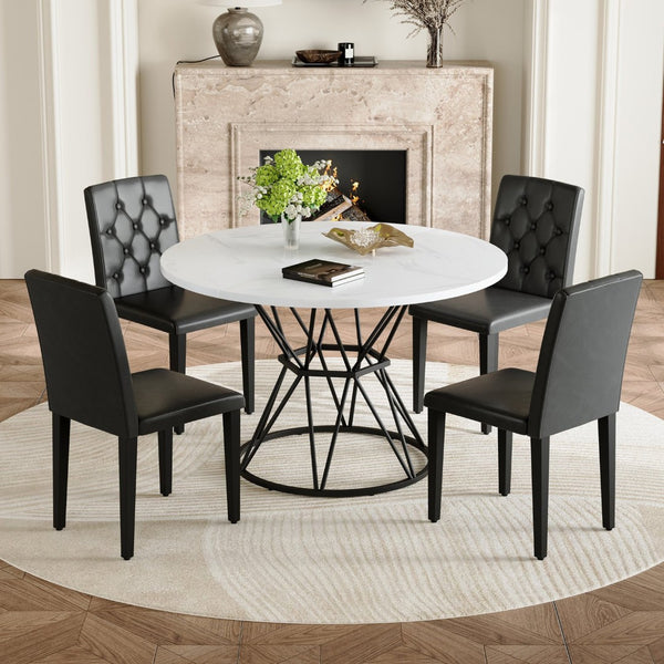 English Elm Table and Chair Set Round Marble Mdf Top with Four Pu Leather Seats Modern Dining White Black - A W1151S04877