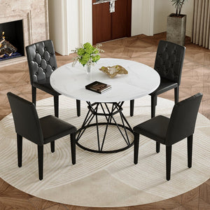 English Elm Table and Chair Set Round Marble Mdf Top with Four Pu Leather Seats Modern Dining White Black - A W1151S04877