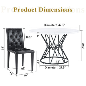 English Elm Table and Chair Set Round Marble Mdf Top with Four Pu Leather Seats Modern Dining White Black - A W1151S04877