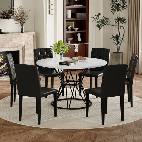 English Elm Table and Chair Set Six Person Round Marble Mdf Dining with Buckle Pu Seats White Black Standard W1151S04878