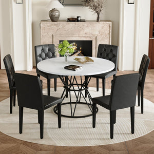 English Elm Table and Chair Set Six Person Round Marble Mdf Dining with Buckle Pu Seats White Black Standard W1151S04878