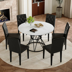 English Elm Table and Chair Set Six Person Round Marble Mdf Dining with Buckle Pu Seats White Black Standard W1151S04878