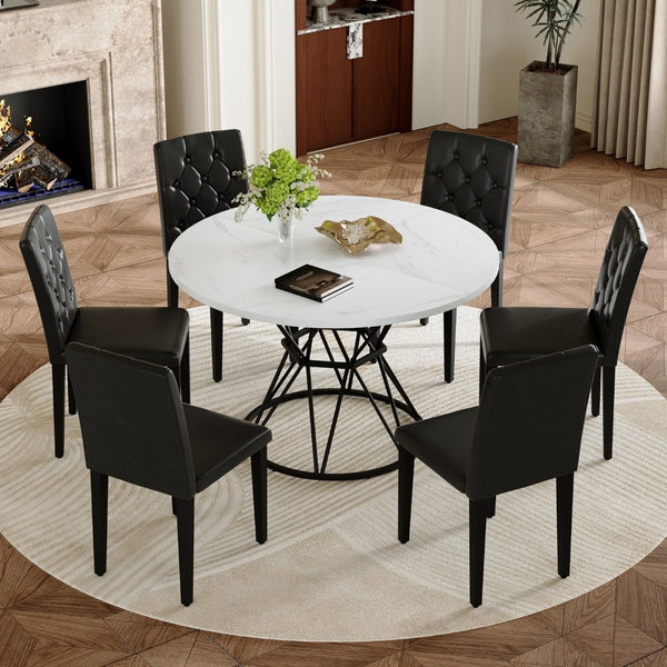 English Elm Table and Chair Set Six Person Round Marble Mdf Dining with Buckle Pu Seats White Black Standard W1151S04878