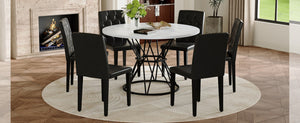 English Elm Table and Chair Set Six Person Round Marble Mdf Dining with Buckle Pu Seats White Black Standard W1151S04878
