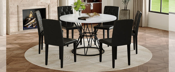 English Elm Table and Chair Set Six Person Round Marble Mdf Dining with Buckle Pu Seats White Black Standard W1151S04878