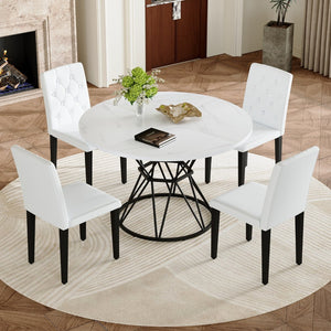 English Elm Table and Chair Set Round Marble Mdf Top with Four Pu Leather Seats Modern Dining White White - A W1151S04879