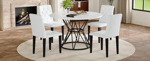 English Elm Table and Chair Set Round Marble Mdf Top with Four Pu Leather Seats Modern Dining White White - A W1151S04879