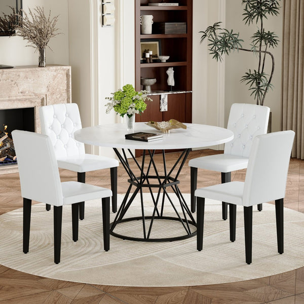 English Elm Table and Chair Set Round Marble Mdf Top with Four Pu Leather Seats Modern Dining White White - A W1151S04879