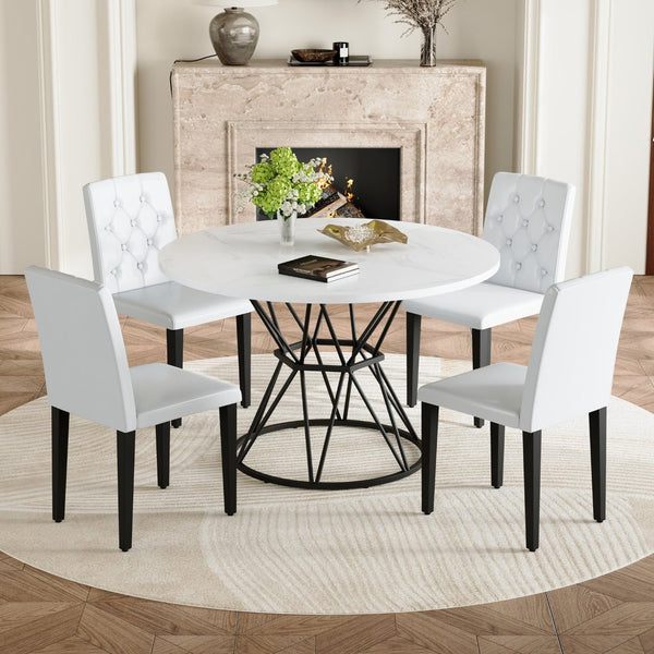 English Elm Table and Chair Set Round Marble Mdf Top with Four Pu Leather Seats Modern Dining White White - A W1151S04879