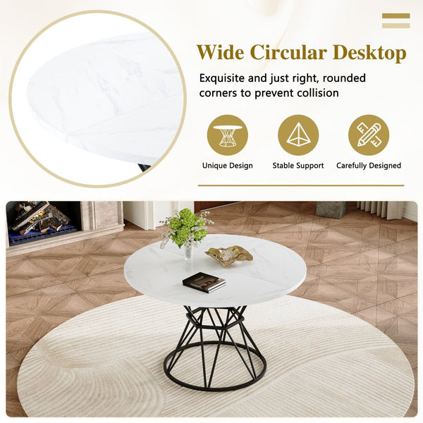 English Elm Table and Chair Set Round Marble Mdf Top with Four Pu Leather Seats Modern Dining White White - A W1151S04879