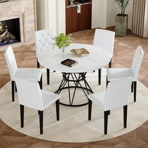 English Elm Table and Chair Set Six Person Round Marble Mdf Dining with Buckle Pu Seats White White Standard W1151S04880