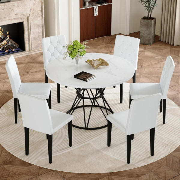 English Elm Table and Chair Set Six Person Round Marble Mdf Dining with Buckle Pu Seats White White Standard W1151S04880