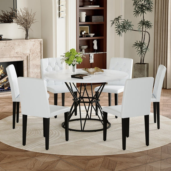 English Elm Table and Chair Set Six Person Round Marble Mdf Dining with Buckle Pu Seats White White Standard W1151S04880
