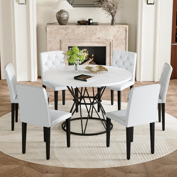English Elm Table and Chair Set Six Person Round Marble Mdf Dining with Buckle Pu Seats White White Standard W1151S04880