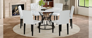English Elm Table and Chair Set Six Person Round Marble Mdf Dining with Buckle Pu Seats White White Standard W1151S04880