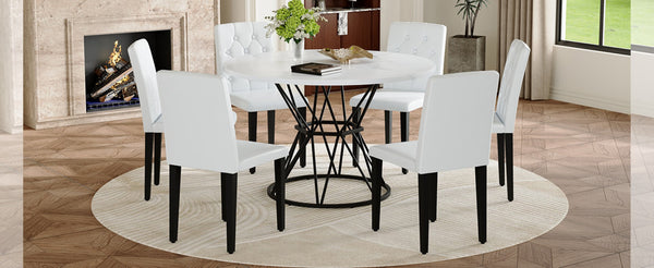 English Elm Table and Chair Set Six Person Round Marble Mdf Dining with Buckle Pu Seats White White Standard W1151S04880
