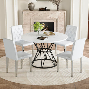 English Elm Table and Chair Set Round Marble Mdf Top with Four Pu Leather Seats Modern Dining White White - B W1151S04881