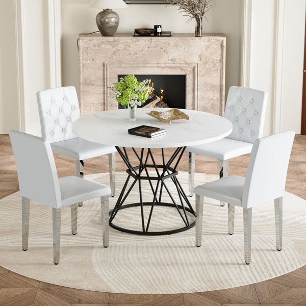 English Elm Table and Chair Set Round Marble Mdf Top with Four Pu Leather Seats Modern Dining White White - B W1151S04881