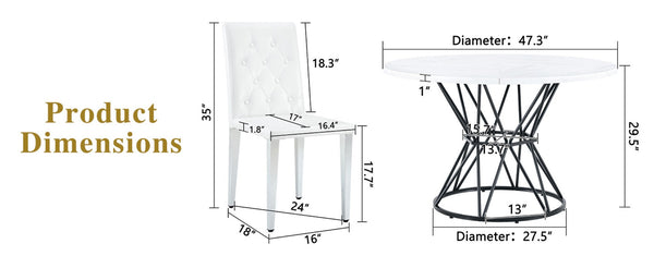 English Elm Table and Chair Set Round Marble Mdf Top with Four Pu Leather Seats Modern Dining White White - B W1151S04881
