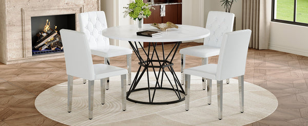 English Elm Table and Chair Set Round Marble Mdf Top with Four Pu Leather Seats Modern Dining White White - B W1151S04881