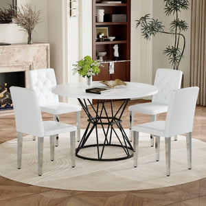 English Elm Table and Chair Set Round Marble Mdf Top with Four Pu Leather Seats Modern Dining White White - B W1151S04881