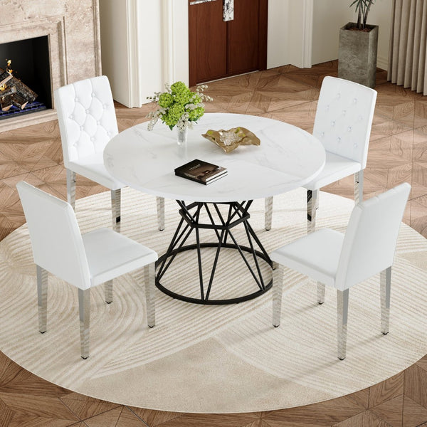 English Elm Table and Chair Set Round Marble Mdf Top with Four Pu Leather Seats Modern Dining White White - B W1151S04881