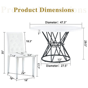 English Elm Table and Chair Set Round Marble Mdf Top with Four Pu Leather Seats Modern Dining White White - B W1151S04881