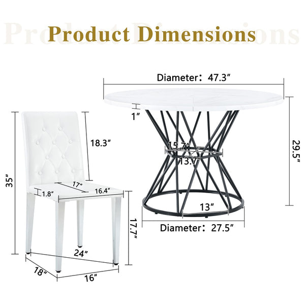 English Elm Table and Chair Set Round Marble Mdf Top with Four Pu Leather Seats Modern Dining White White - B W1151S04881