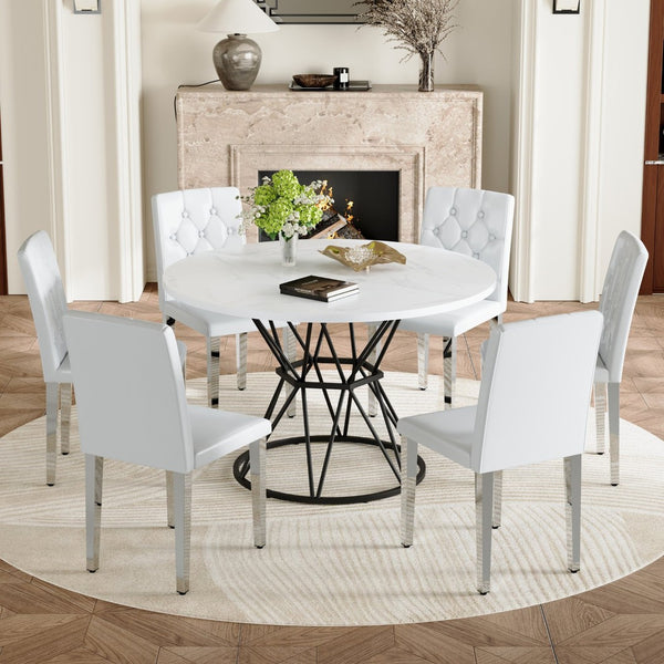 English Elm Table and Chair Set Six Person Round Marble Mdf Dining with Buckle Pu Seats White White Silver Legs W1151S04882