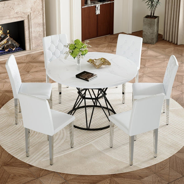 English Elm Table and Chair Set Six Person Round Marble Mdf Dining with Buckle Pu Seats White White Silver Legs W1151S04882