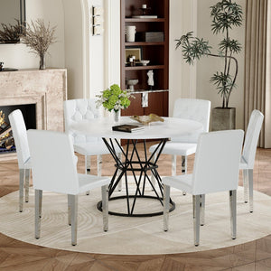 English Elm Table and Chair Set Six Person Round Marble Mdf Dining with Buckle Pu Seats White White Silver Legs W1151S04882