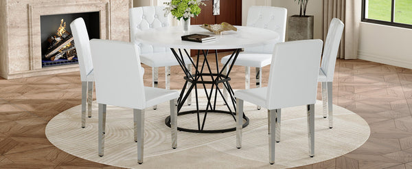 English Elm Table and Chair Set Six Person Round Marble Mdf Dining with Buckle Pu Seats White White Silver Legs W1151S04882