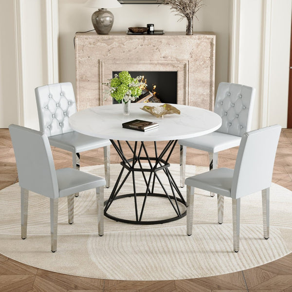 English Elm Table and Chair Set Round Marble Mdf Top with Four Pu Leather Seats Modern Dining White Light Gray W1151S04883