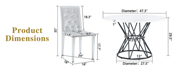 English Elm Table and Chair Set Round Marble Mdf Top with Four Pu Leather Seats Modern Dining White Light Gray W1151S04883