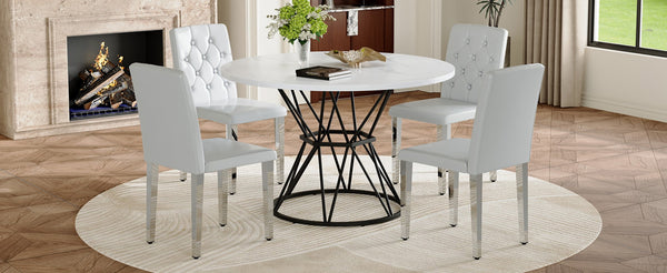English Elm Table and Chair Set Round Marble Mdf Top with Four Pu Leather Seats Modern Dining White Light Gray W1151S04883